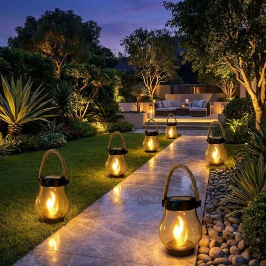 Solar-powered outdoor lantern with flickering flame effect for cozy patio ambiance