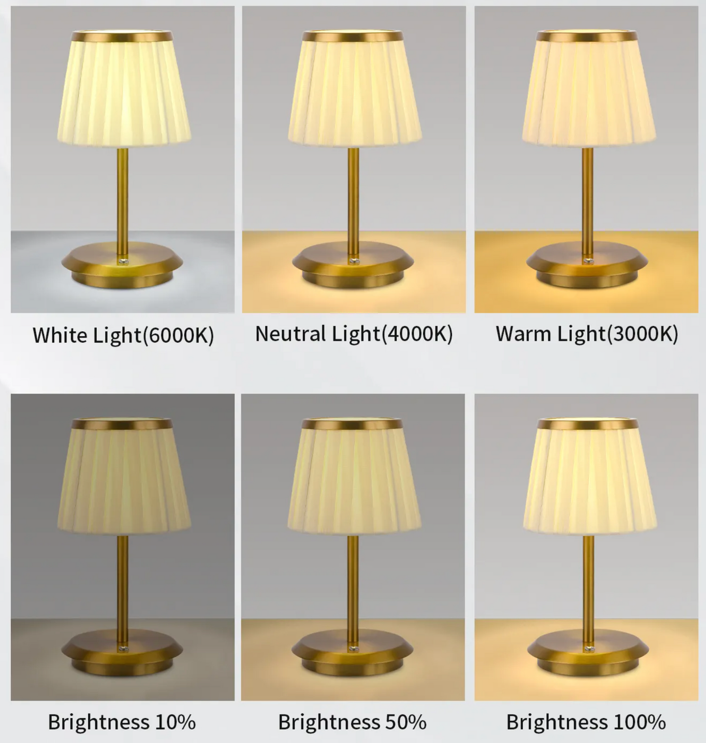 Cordless rechargeable table lamp with gold frame and fabric shade on a desk