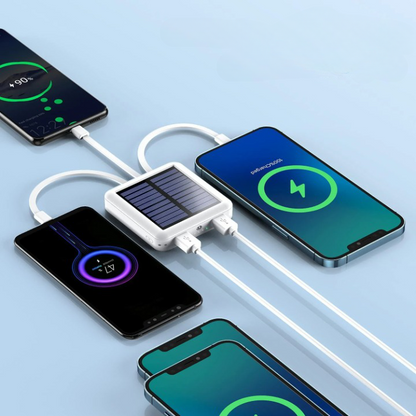 Compact solar power bank with LED flashlight and multiple cables for emergency preparedness