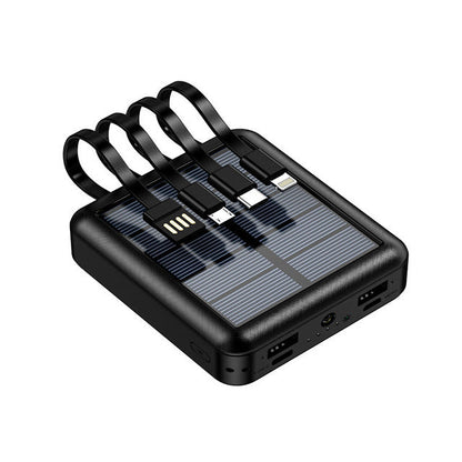 Compact solar power bank with LED flashlight and multiple cables for emergency preparedness