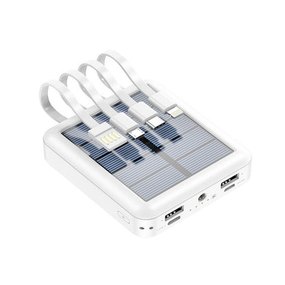 Compact solar power bank with LED flashlight and multiple cables for emergency preparedness