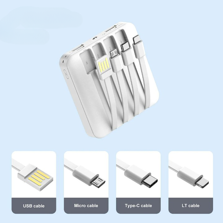 Compact solar power bank with LED flashlight and multiple cables for emergency preparedness