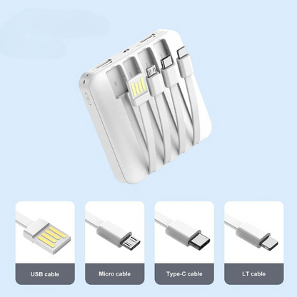 Compact solar power bank with LED flashlight and multiple cables for emergency preparedness