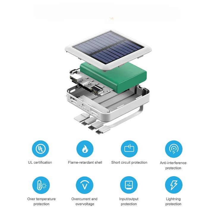 Compact solar power bank with LED flashlight and multiple cables for emergency preparedness