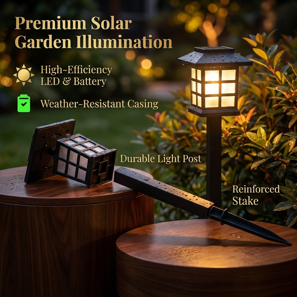 Solar pathway light on a garden walkway at dusk, no wiring needed