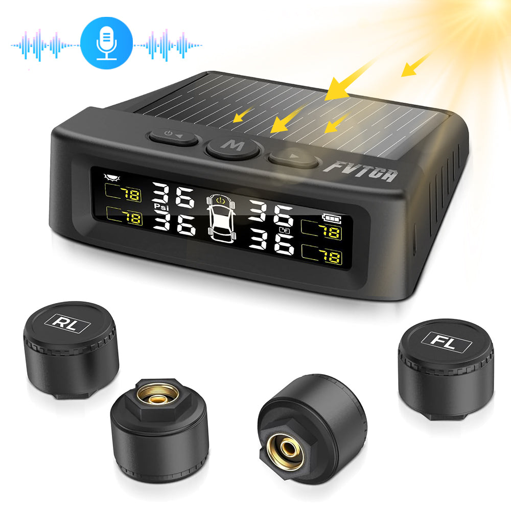 Solar-powered wireless TPMS display for cars, SUVs, and RVs