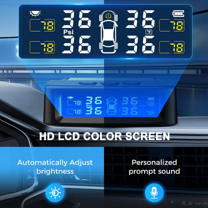 Solar-powered wireless TPMS display for cars, SUVs, and RVs