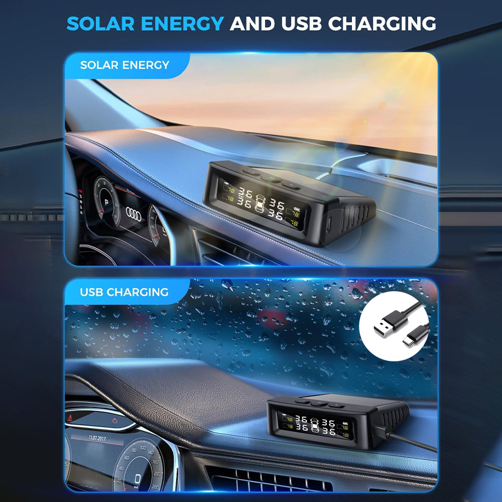 Solar-powered wireless TPMS display for cars, SUVs, and RVs