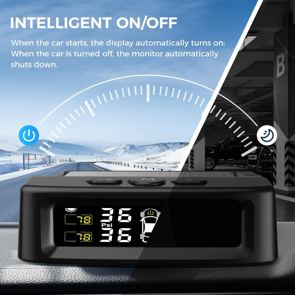 Solar-powered wireless TPMS display for cars, SUVs, and RVs