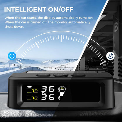 Solar-powered wireless TPMS display for cars, SUVs, and RVs