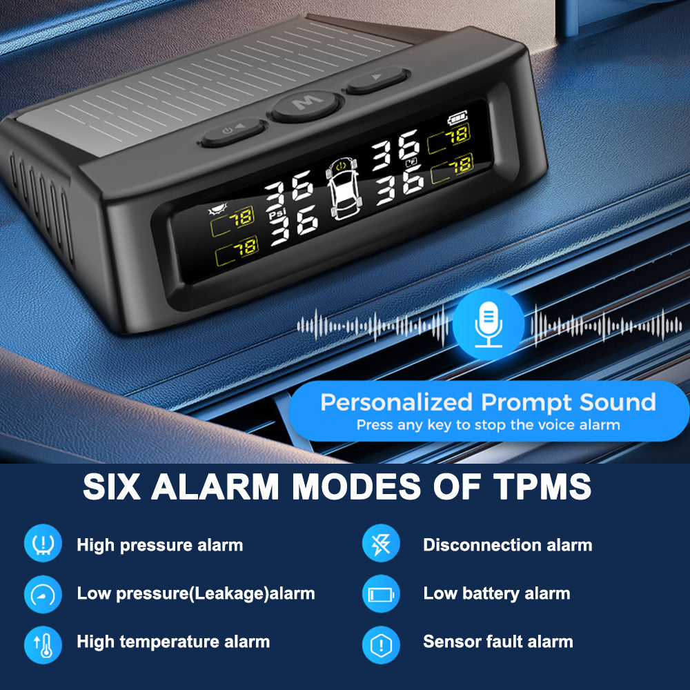 Solar-powered wireless TPMS display for cars, SUVs, and RVs