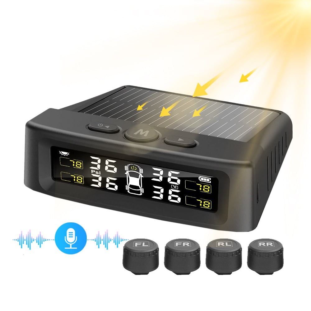 Solar-powered wireless TPMS display for cars, SUVs, and RVs