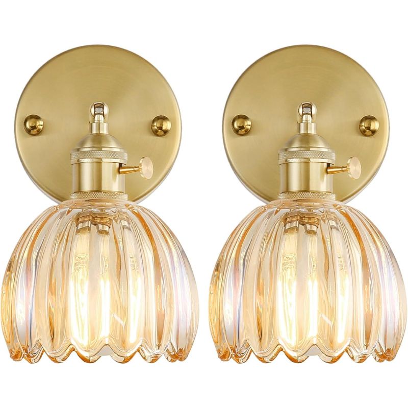 Vintage brass wall sconce set of two with glass shades for farmhouse decor