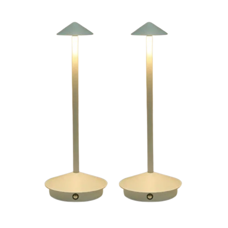 Cordless table lamp with warm ambient light on a patio, no cords