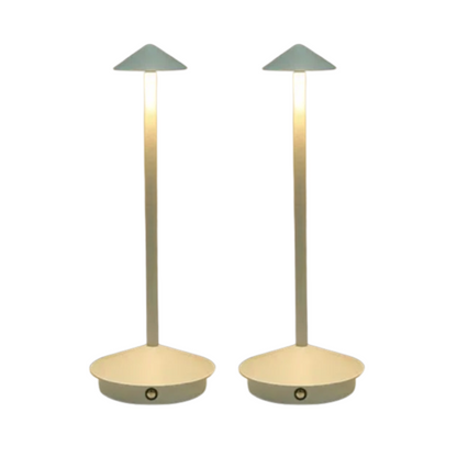 Cordless table lamp with warm ambient light on a patio, no cords