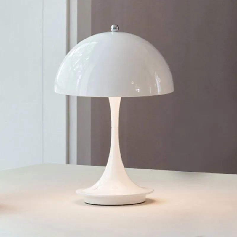 Cordless touch dimmable LED table lamp with white frame and polished chrome finish for modern apartments