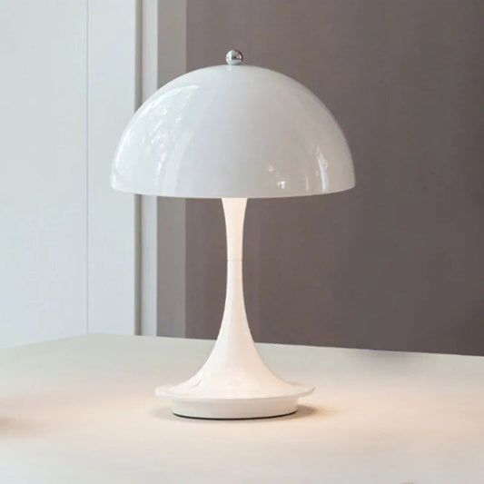 Cordless touch dimmable LED table lamp with white frame and polished chrome finish for modern apartments