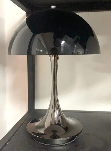 Cordless touch dimmable LED table lamp with white frame and polished chrome finish for modern apartments