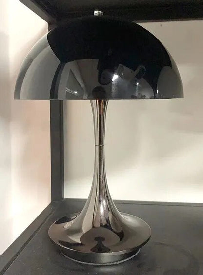 Cordless touch dimmable LED table lamp with white frame and polished chrome finish for modern apartments