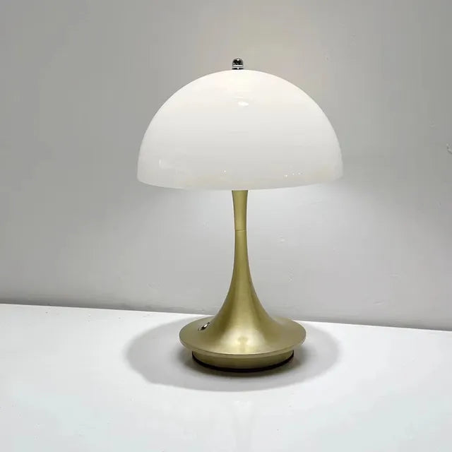 Cordless touch dimmable LED table lamp with white frame and polished chrome finish for modern apartments