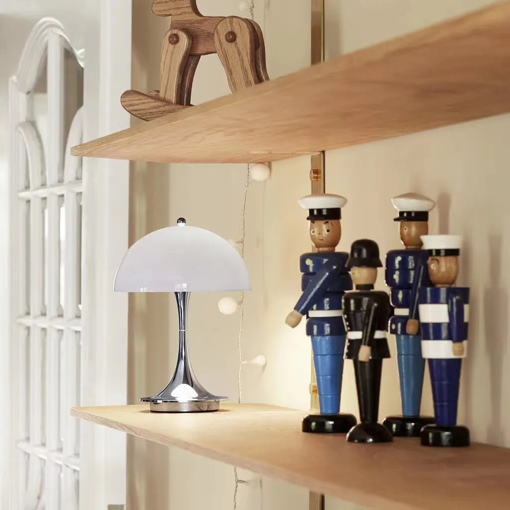 Cordless touch dimmable LED table lamp with white frame and polished chrome finish for modern apartments
