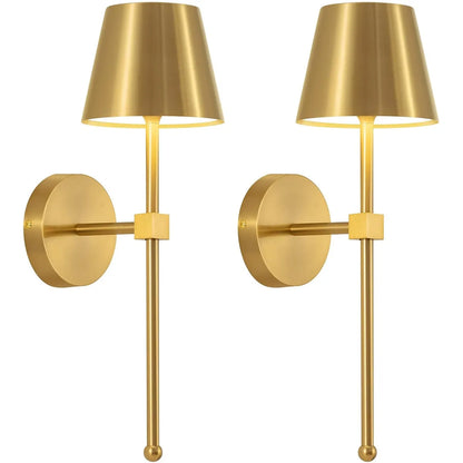 Set of two cordless wall sconces with metal body and fabric shade, mounted on a wall in a modern living room, ideal for renters