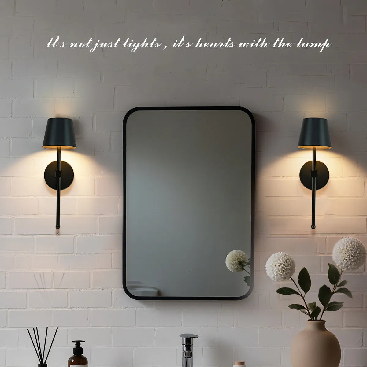 Set of two cordless wall sconces with metal body and fabric shade, mounted on a wall in a modern living room, ideal for renters