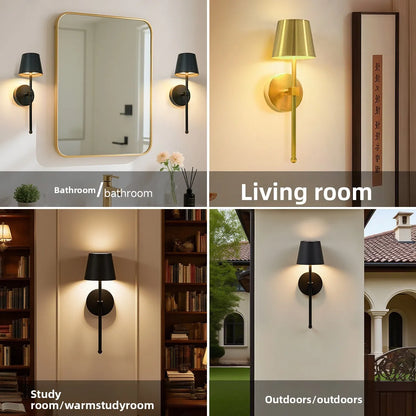 Set of two cordless wall sconces with metal body and fabric shade, mounted on a wall in a modern living room, ideal for renters