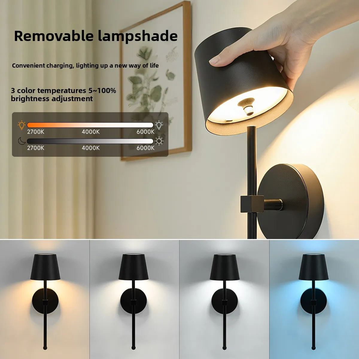 Set of two cordless wall sconces with metal body and fabric shade, mounted on a wall in a modern living room, ideal for renters