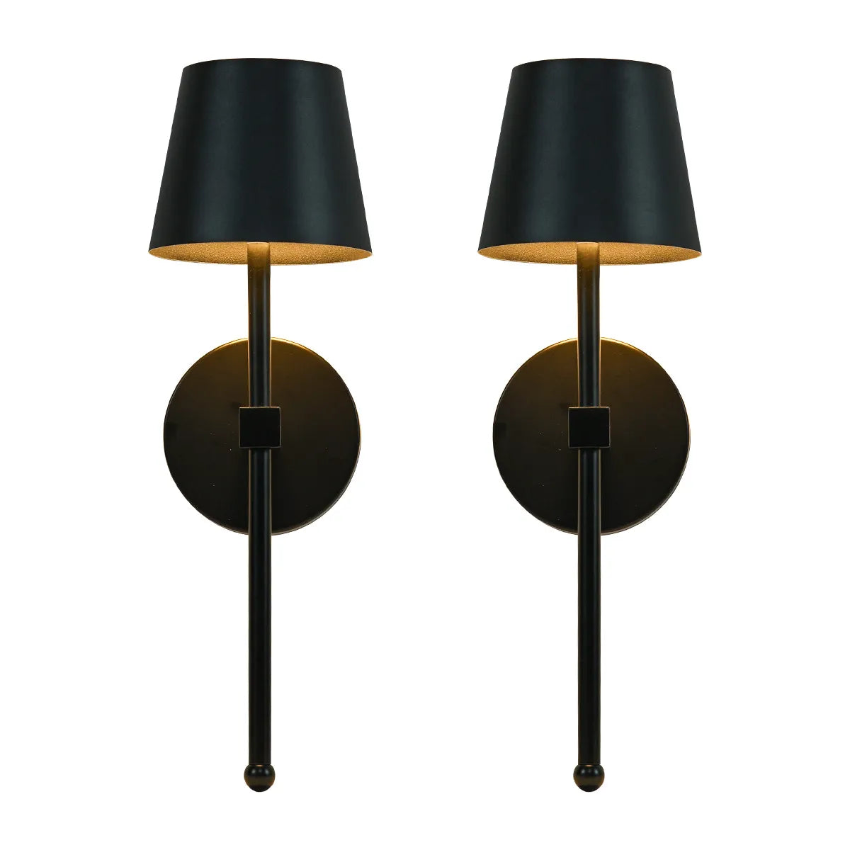 Set of two cordless wall sconces with metal body and fabric shade, mounted on a wall in a modern living room, ideal for renters