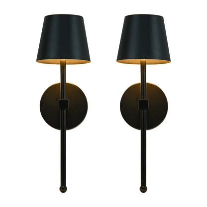Set of two cordless wall sconces with metal body and fabric shade, mounted on a wall in a modern living room, ideal for renters
