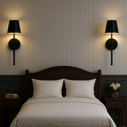 Set of two cordless wall sconces with metal body and fabric shade, mounted on a wall in a modern living room, ideal for renters