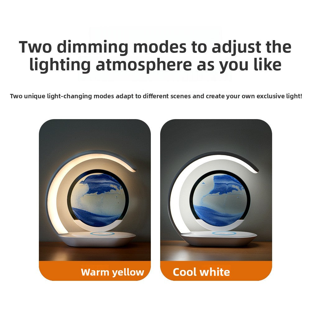 Wireless charging nightstand lamp with blue quicksand art for bedroom