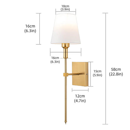 Rechargeable wireless wall sconce with metal and cloth shade, mounted on a wall in a living room, no cords visible