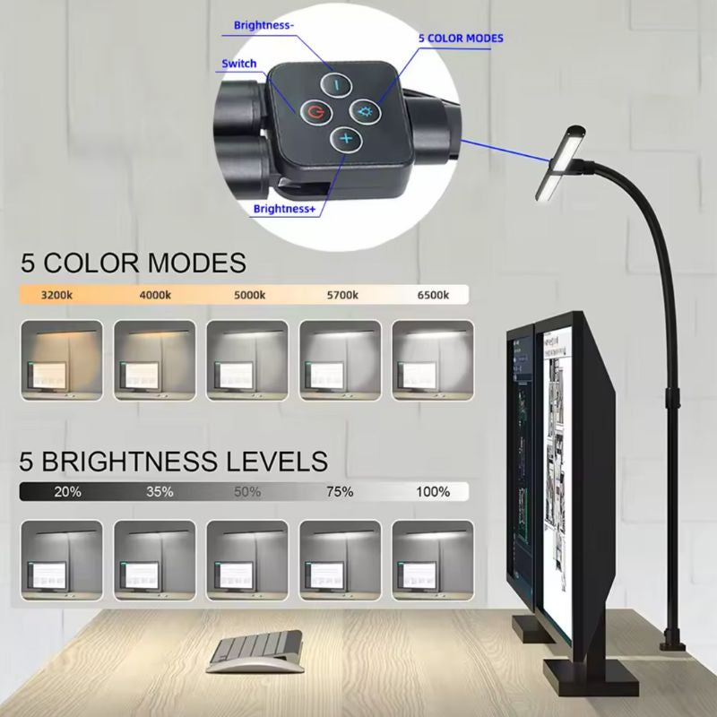Architect clamp desk lamp with ultra-wide LED light bar for multi-monitor setups