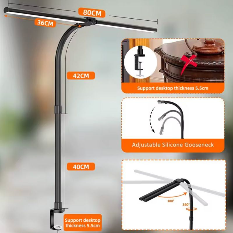 Architect clamp desk lamp with ultra-wide LED light bar for multi-monitor setups