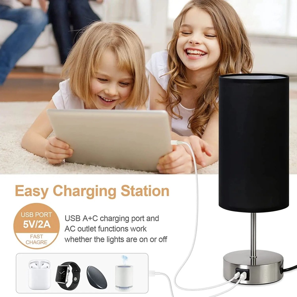 Touch table lamp with USB charging ports and AC outlet on a bedroom nightstand