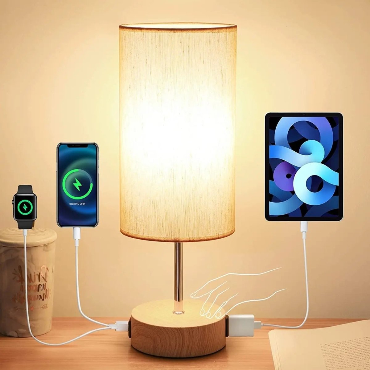 Touch table lamp with USB charging ports and AC outlet on a bedroom nightstand