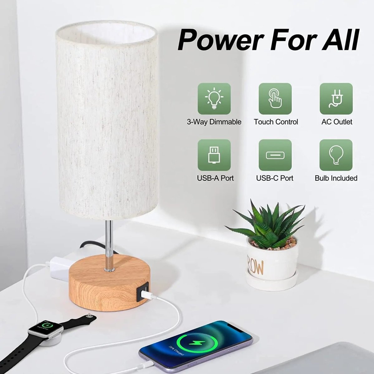 Touch table lamp with USB charging ports and AC outlet on a bedroom nightstand