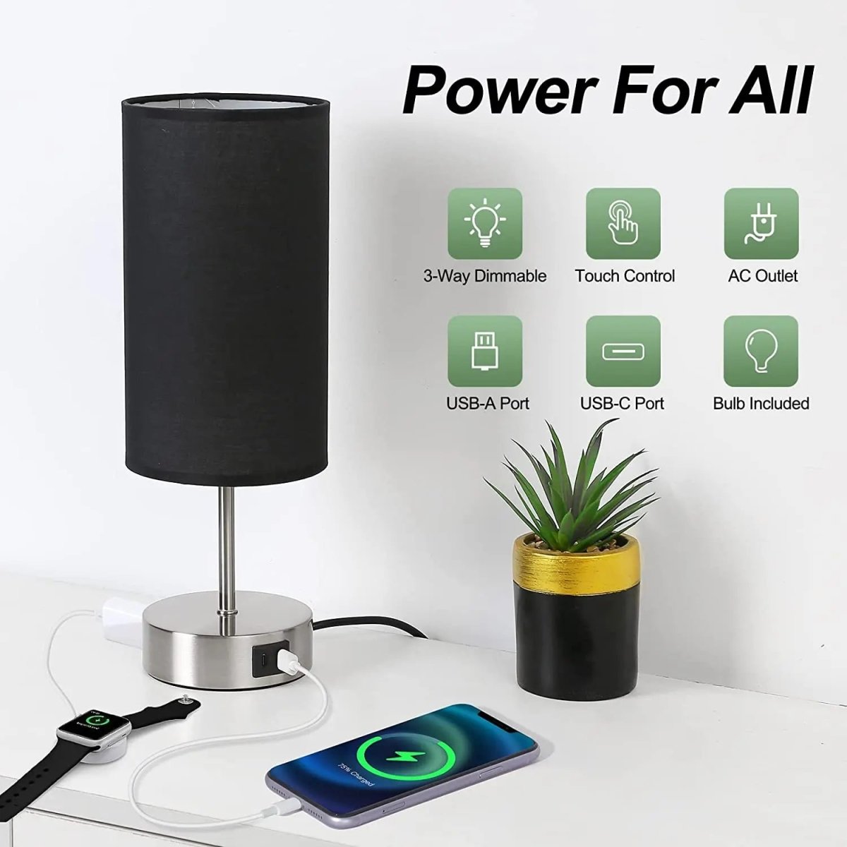 Touch table lamp with USB charging ports and AC outlet on a bedroom nightstand