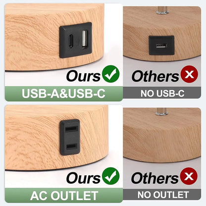 Touch table lamp with USB charging ports and AC outlet on a bedroom nightstand