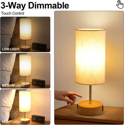 Touch table lamp with USB charging ports and AC outlet on a bedroom nightstand