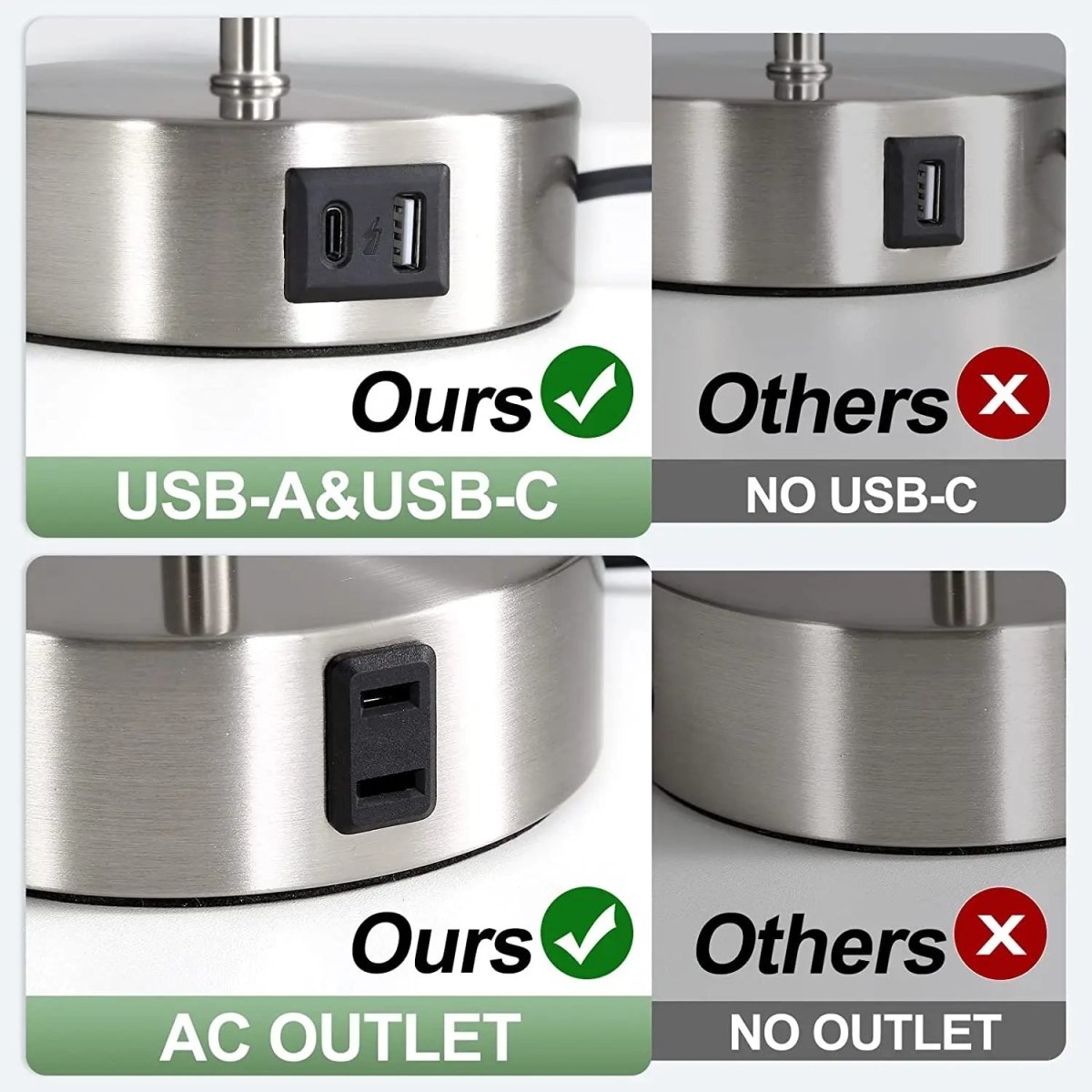 Touch table lamp with USB charging ports and AC outlet on a bedroom nightstand