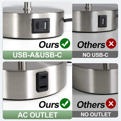 Touch table lamp with USB charging ports and AC outlet on a bedroom nightstand