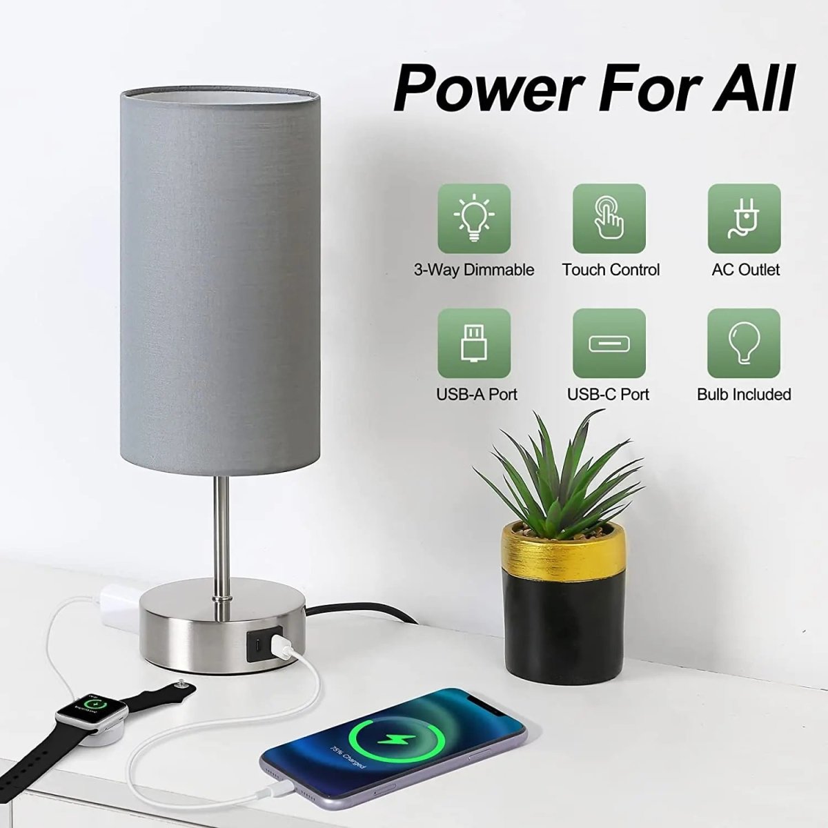 Touch table lamp with USB charging ports and AC outlet on a bedroom nightstand