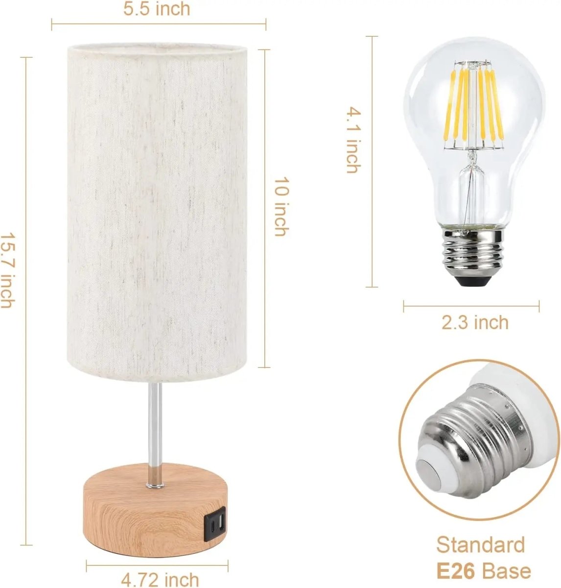 Touch table lamp with USB charging ports and AC outlet on a bedroom nightstand