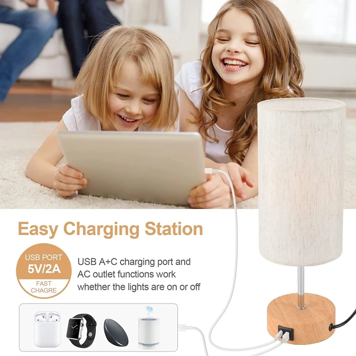 Touch table lamp with USB charging ports and AC outlet on a bedroom nightstand