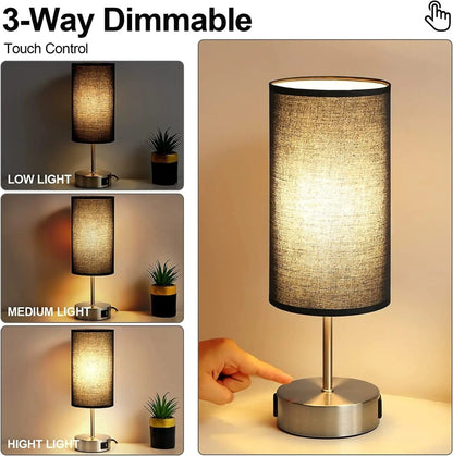 Touch table lamp with USB charging ports and AC outlet on a bedroom nightstand