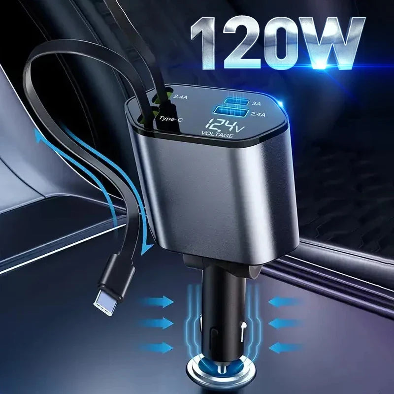 120W fast car charger with retractable cables for commuters