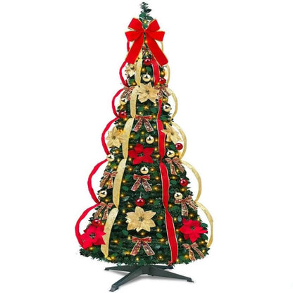 Fully decorated pop-up red Christmas tree with lights and ornaments for busy families